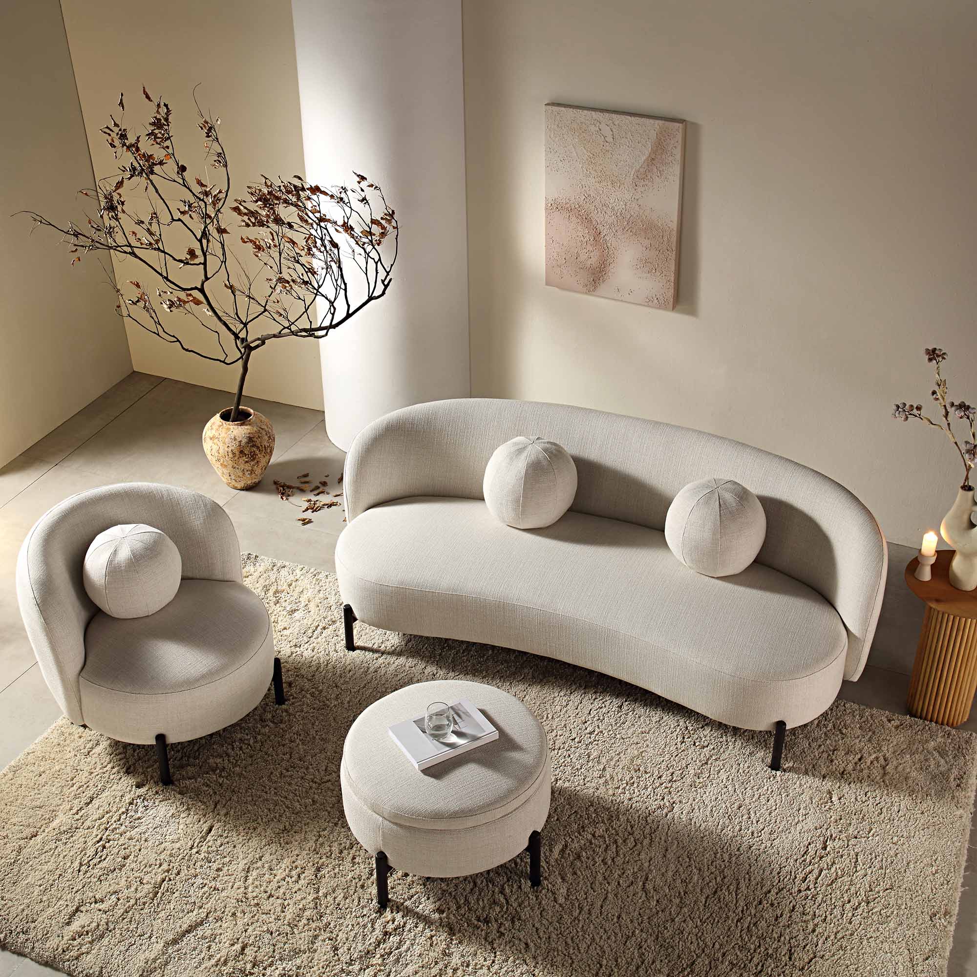 3-Seater Curved Sofa with Ball Cushions, Beige Linen Blend