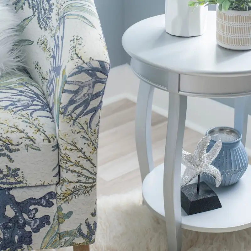 White Round Side Table with Lower Shelf & Cabriole Legs, 1-Person