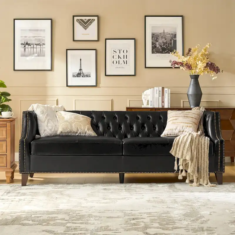 Eugne Transitional Genuine Leather Tufted Design Sofa with Solid Wood Legs by HULALA HOME