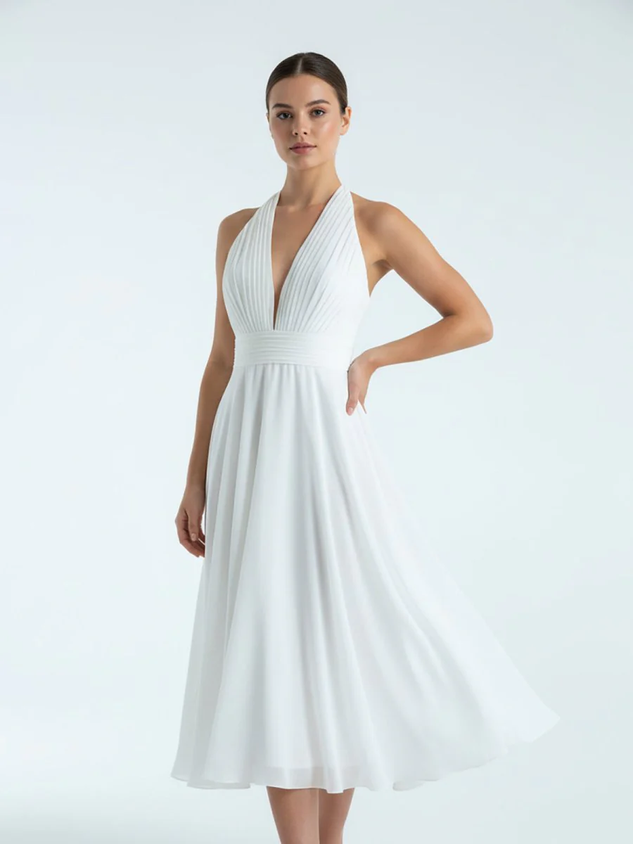 Vintage Tea-Length Chiffon Wedding Dress With Halter Neck and Bow