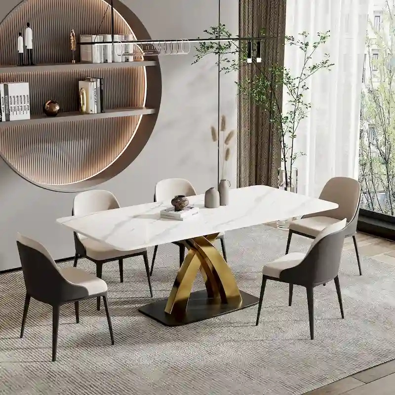 Modern White Rectangular Dining Table,Sintered Stone top,Gold X-Shaped