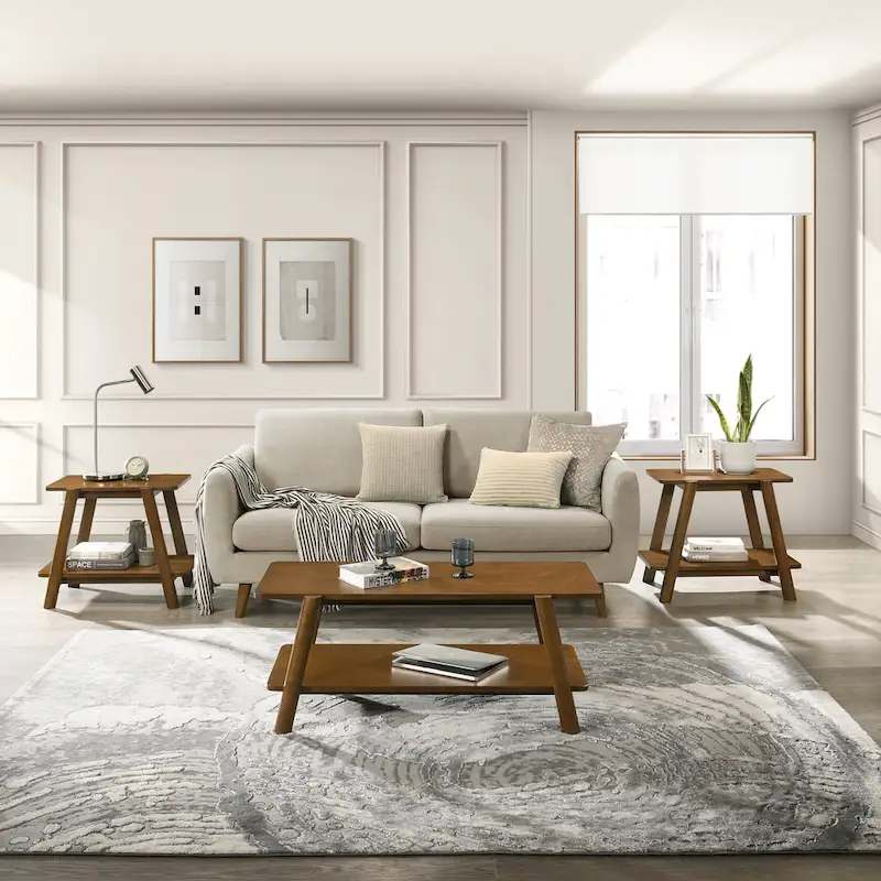 Roundhill Furniture Metz Mid-Century Wood Shelf 3-Piece Coffee Table Set