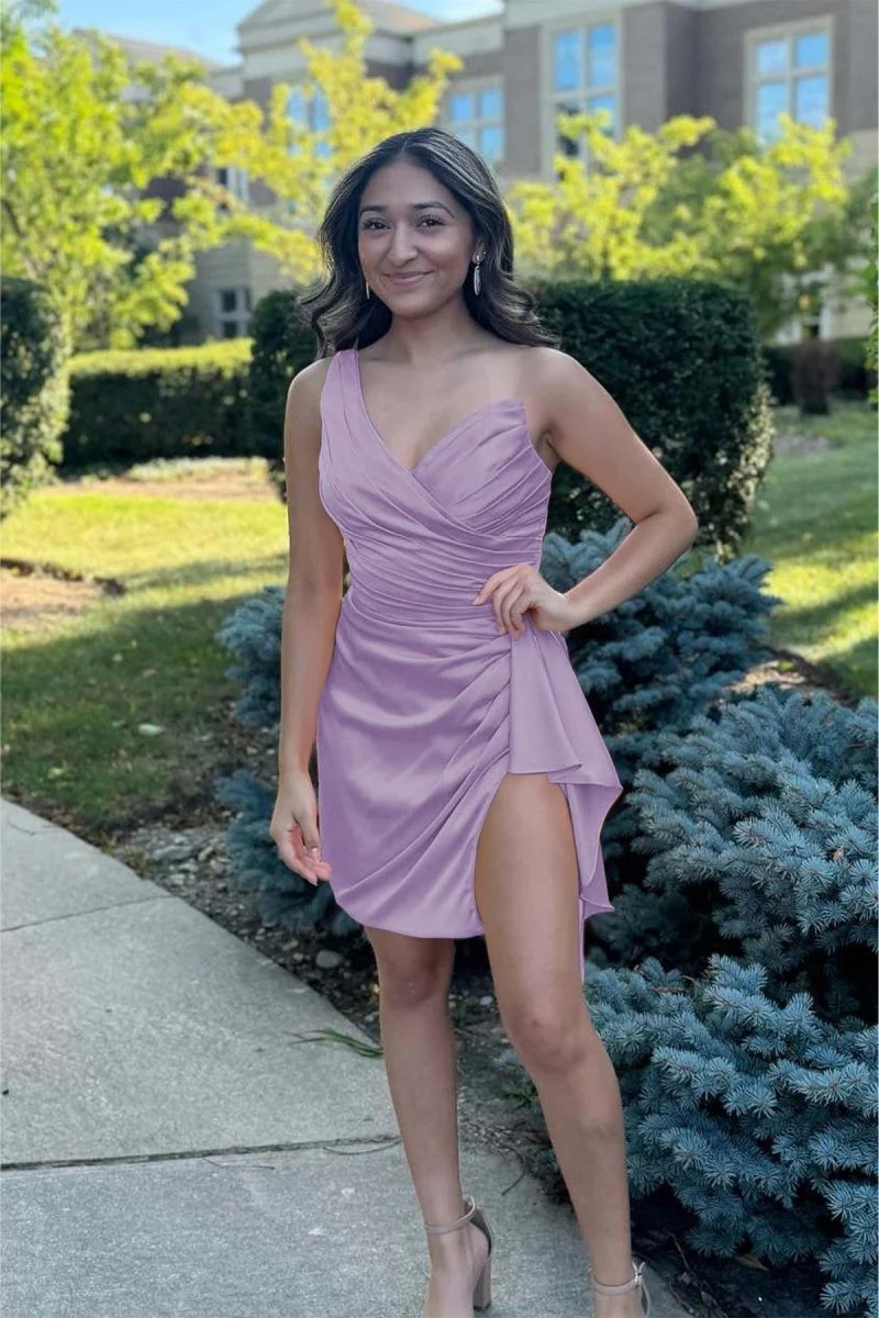 Lavender - One Shoulder Spandex Pleated Homecoming Dresses With Slit