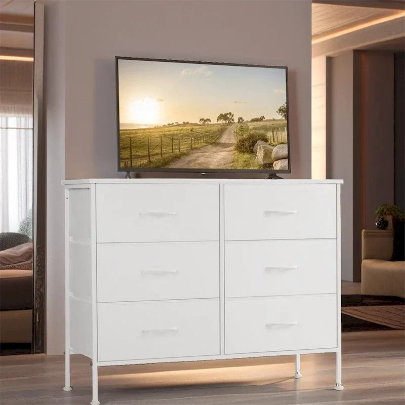 6 Drawers Dresser Chest with Metal Frame and Wooden Top