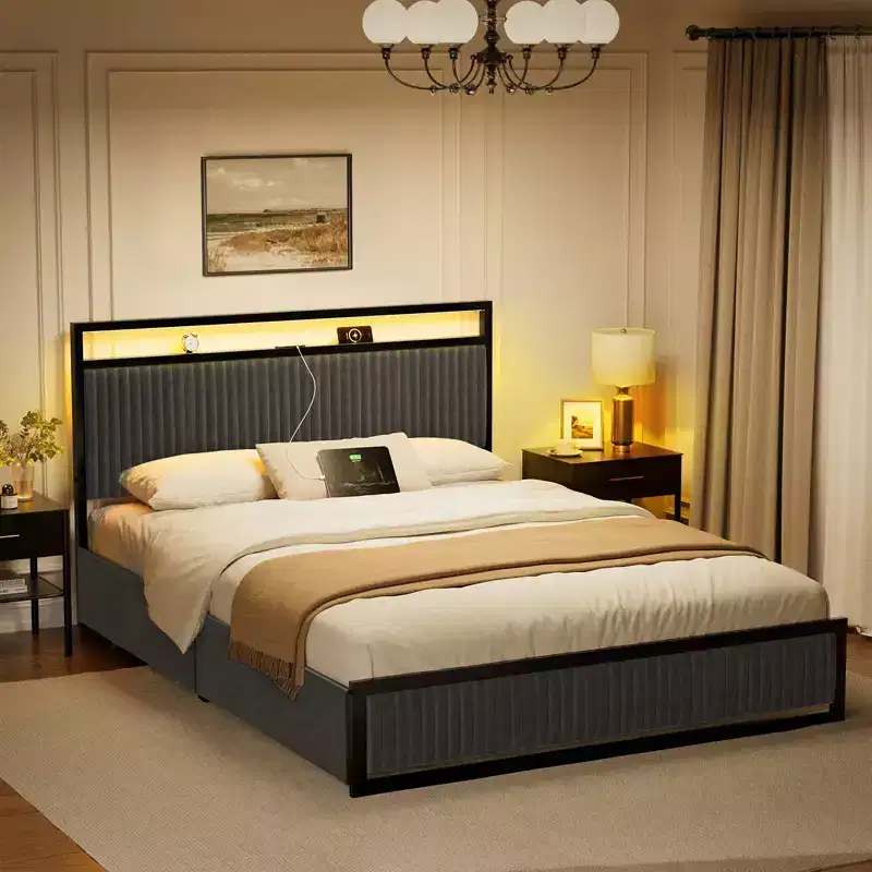 Hausource Upholstered Bed Frame with 2 Storage Drawers, LED Headboard, USB Ports, Dark Gray