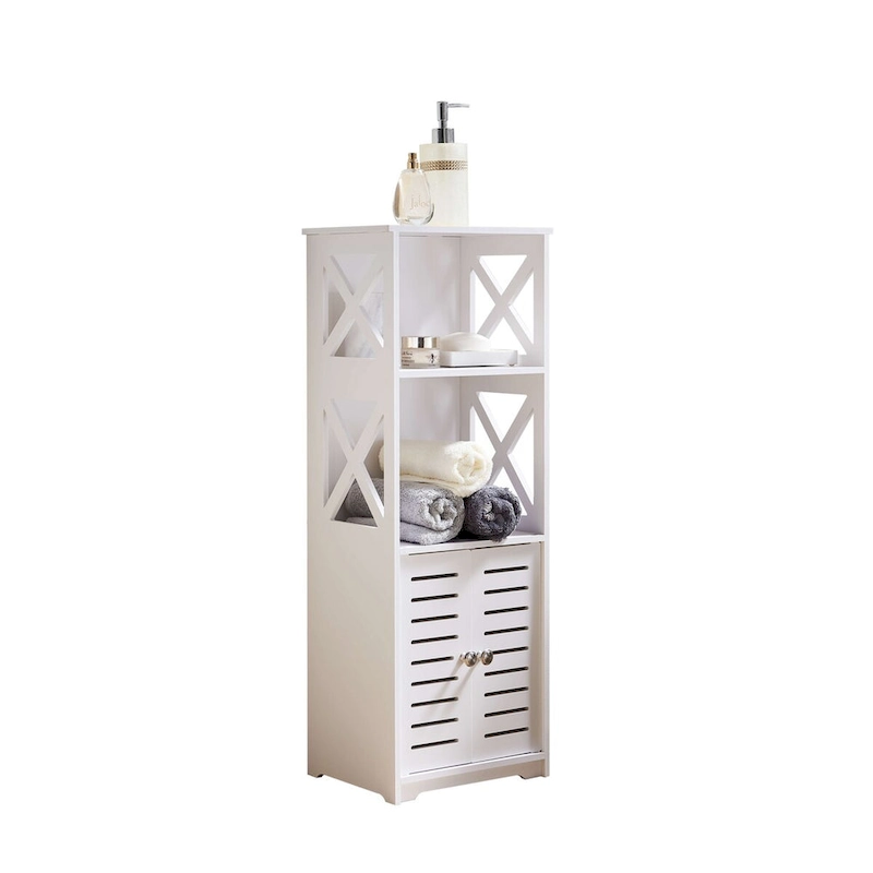 Bathroom Floor Storage Cabinet, Side Toilet Cabinet with Door and Shelfs, White