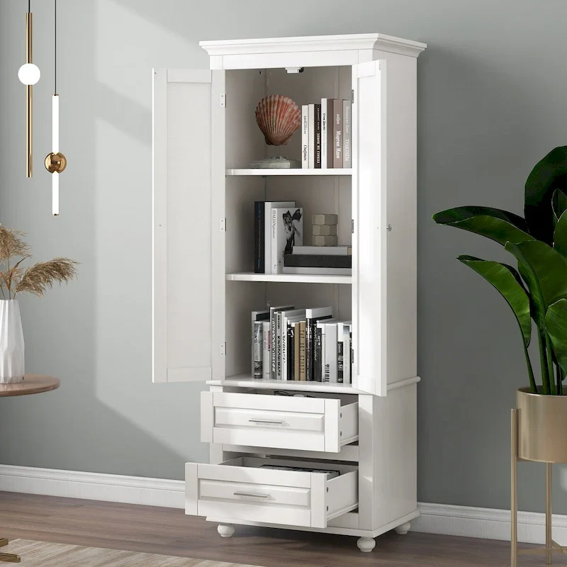 White Tall Kitchen Storage Cabinet with Two Drawers for Bathroom,Office