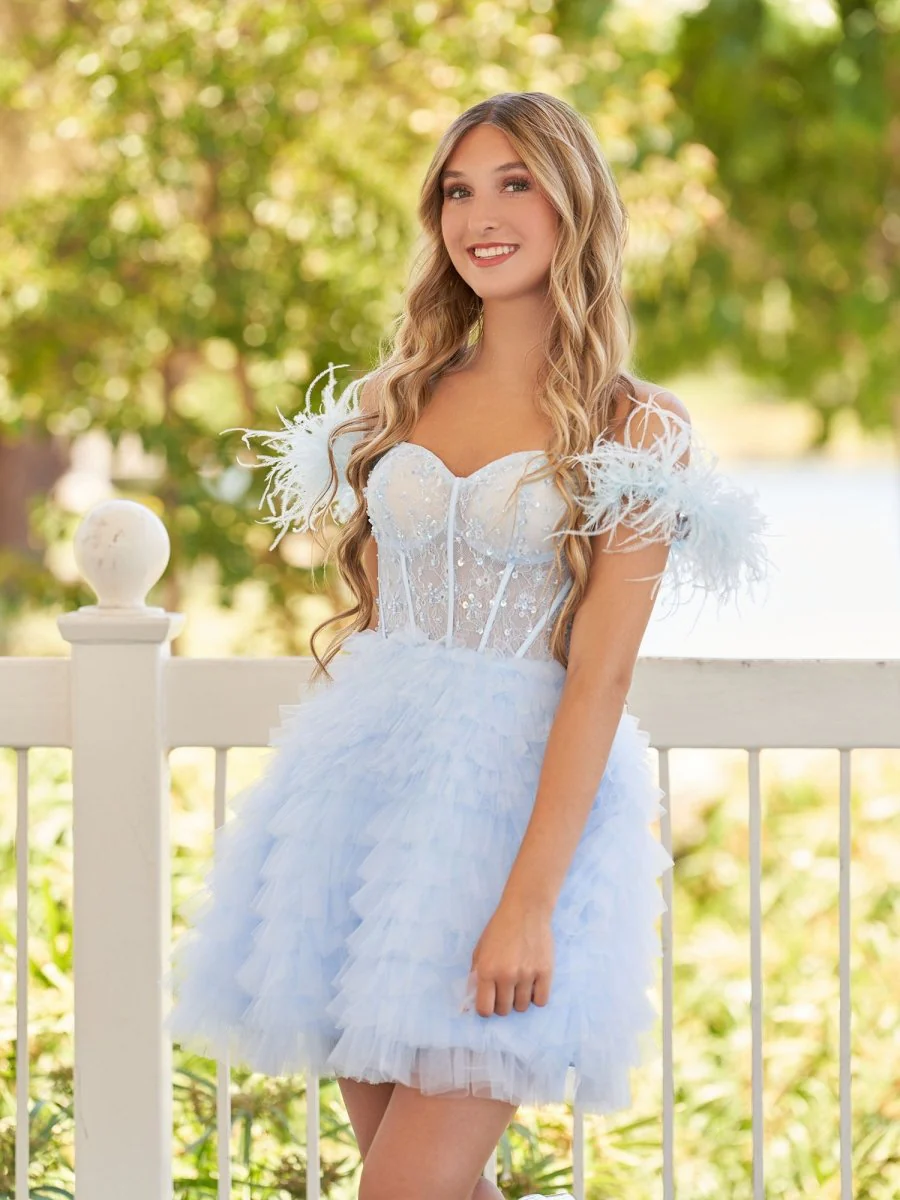 A Line Off the Shoulder Sky Blue Homecoming Dress with Feather
