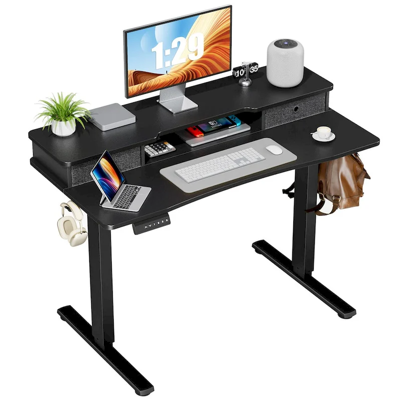 CUSchoice Black Adjustable Electric Standing Desk with Storage and Double Drawer for Home Office