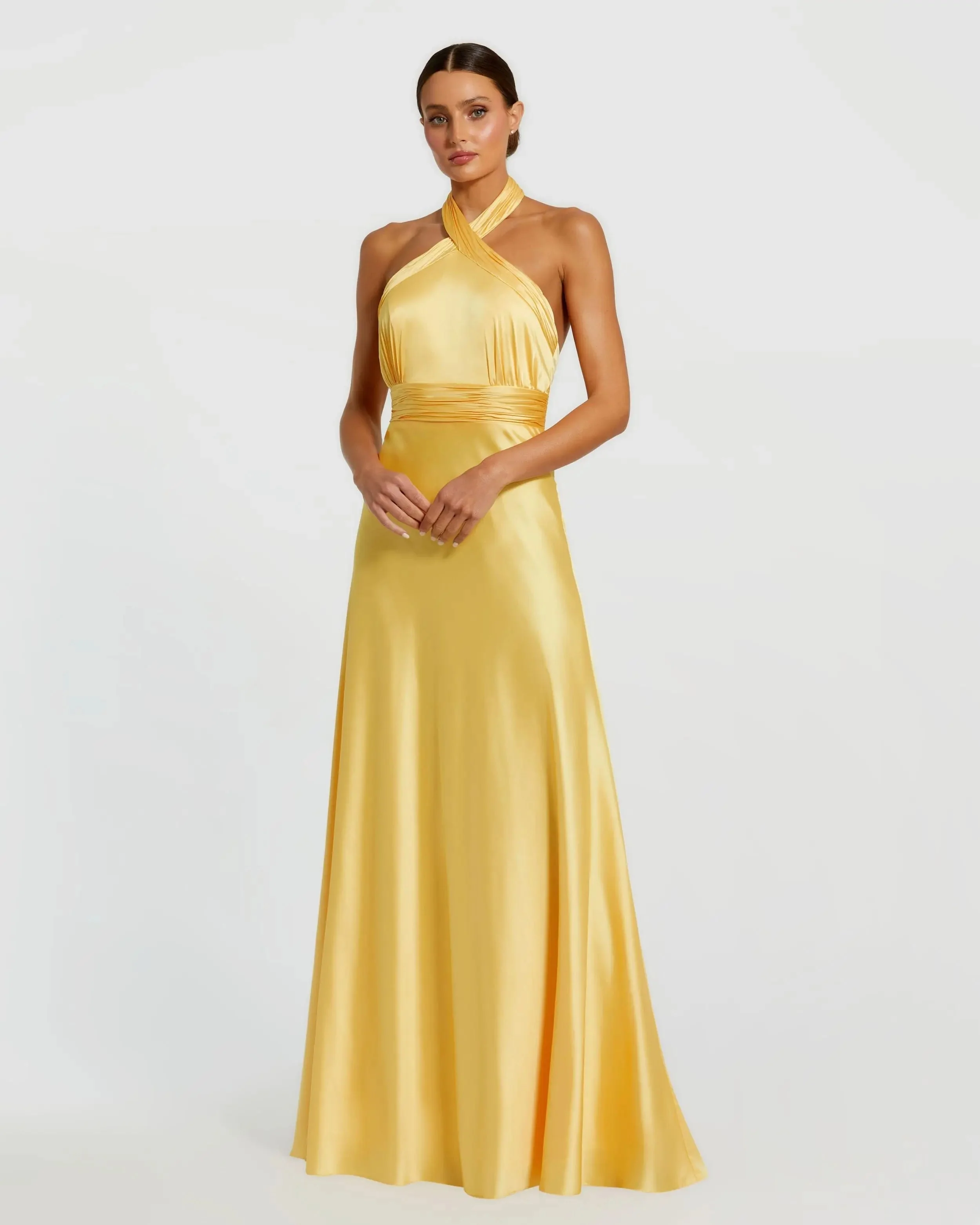 Yellow Ruched Halter Neck Tie Back Satin Gown