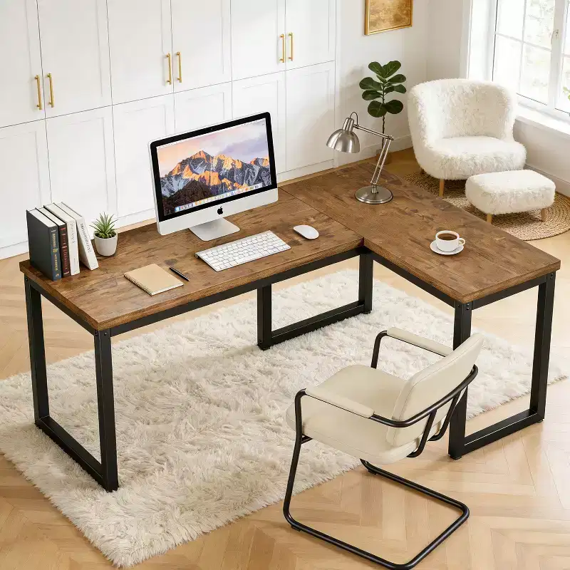 Dyonery 66 Inch L-Shaped Corner Computer Desk, 1.2 Extra-Thick Desktop, Heavy-Duty Metal Frame, Home Office Gaming Writing Workstation, Rustic Brown