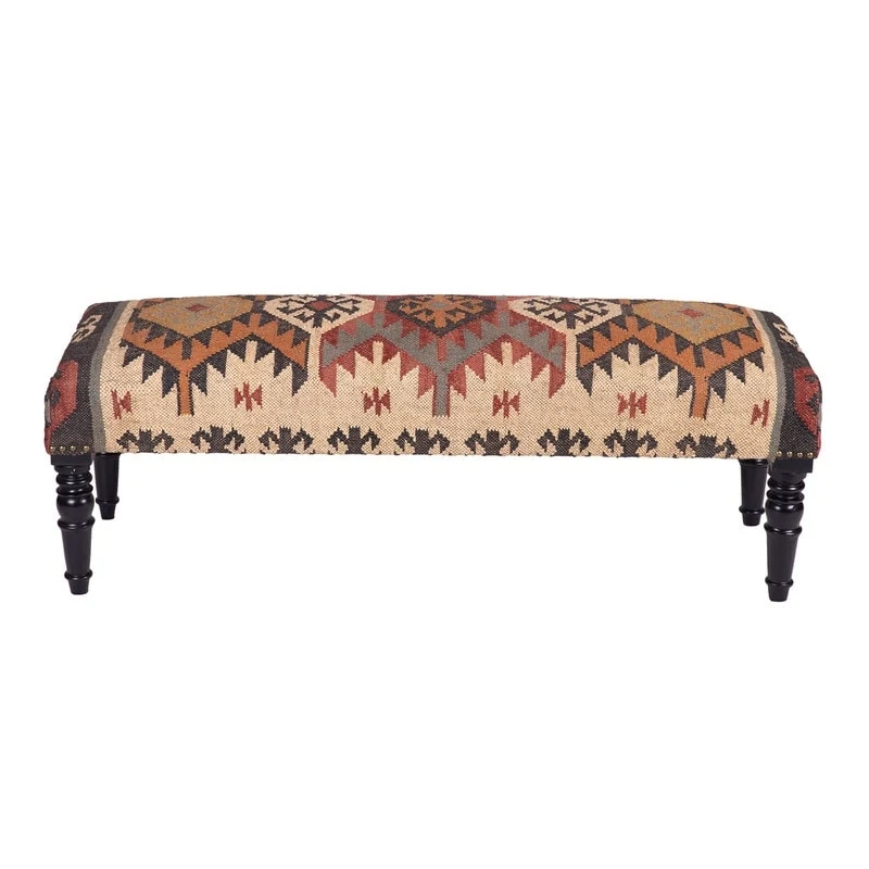 Handmade Kilim Upholstered Wooden Bench (India) - 48  L x 16  W x 18  H