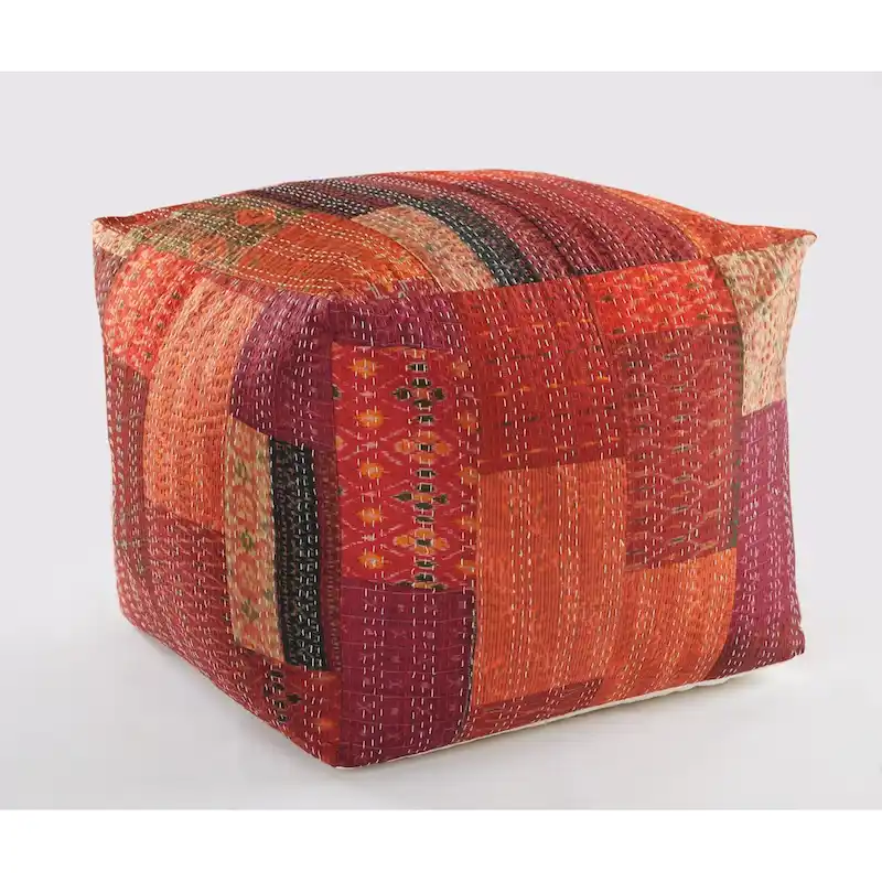 24 Square Red Pouf Ottoman with Cotton Blend Upholstery and Modern Patchwork Design Great for Footrest