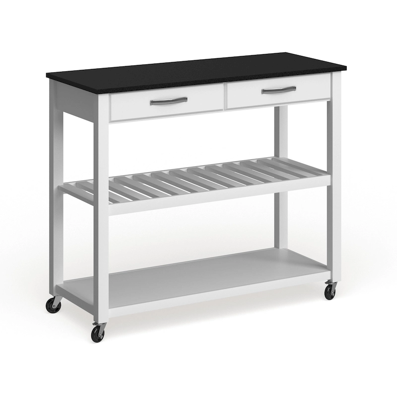 Solid Black Granite Top Kitchen Cart/ Island With Optional Stool Storage in White Finish - 17d x 43w x 35h