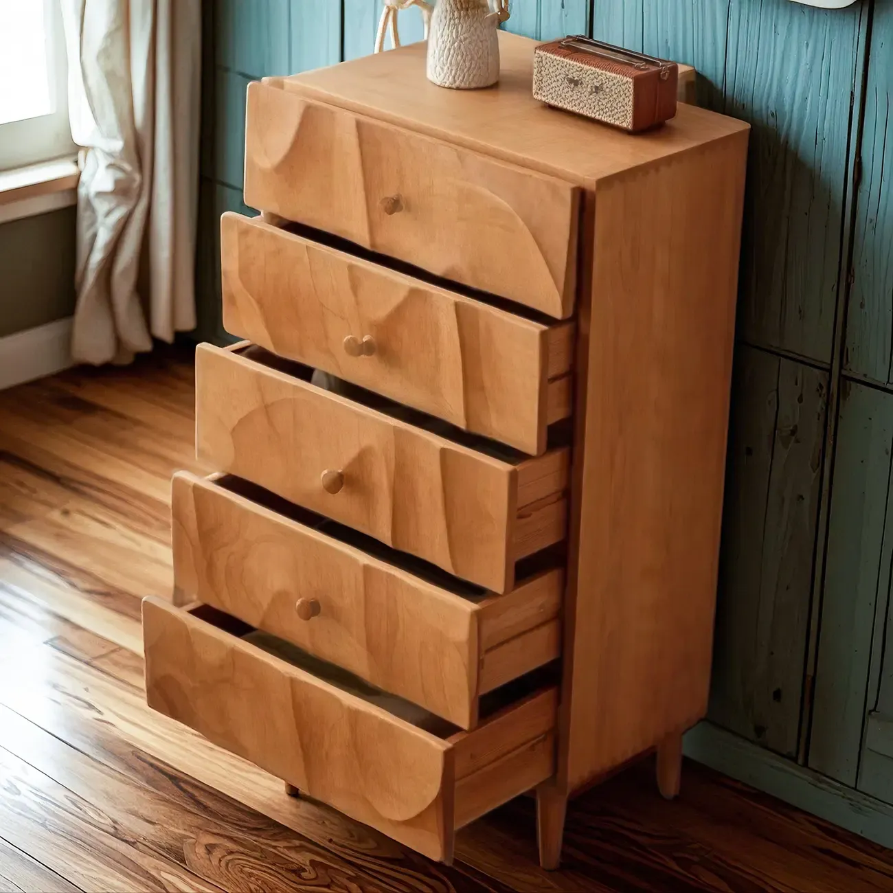 45H Vintage Square Textured Cherry Wood Chest with 5-Drawers