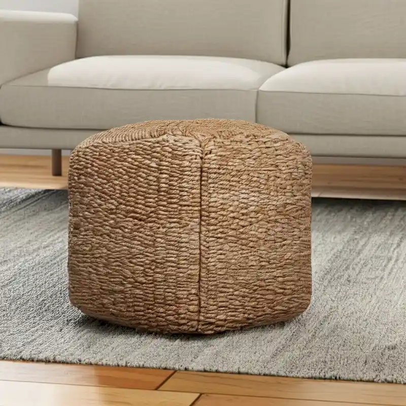 HomeRoots 18  Natural Jute Woven Blend Cube Pouf Ottoman