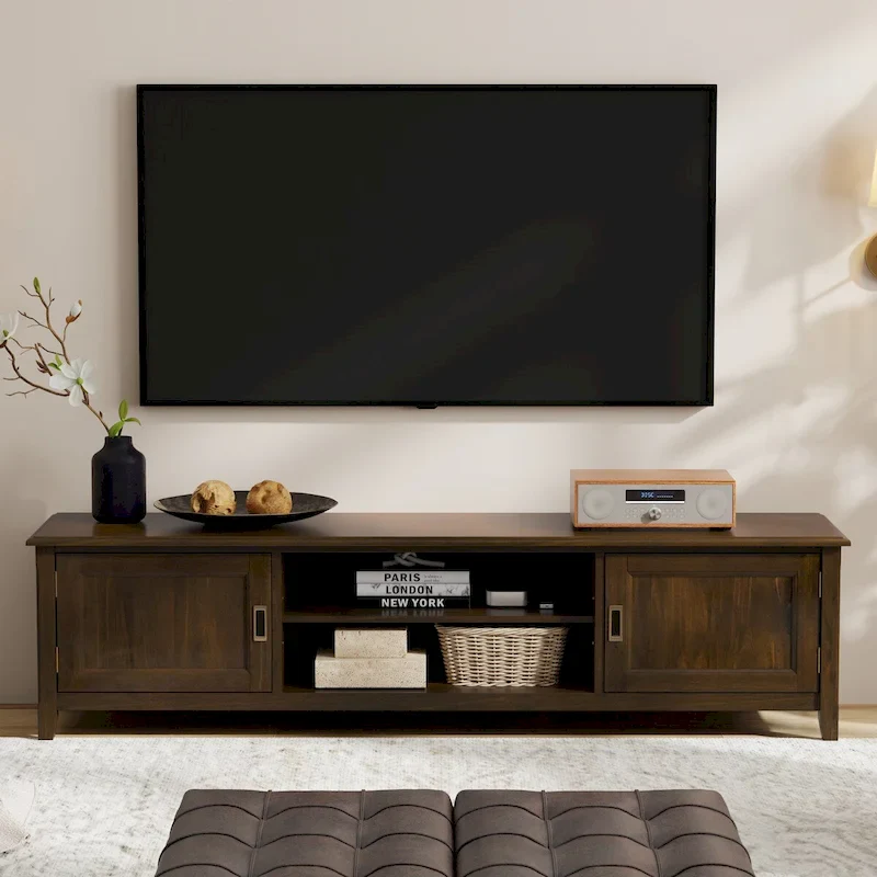 WYNDENHALL Portland SOLID WOOD 72  Wide Transitional TV Media Stand in Mahogany Brown For TVs up to 80  - 17  D x 72  W x 20  H