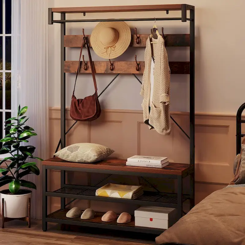 Black / Grey / Brown Industrial Hall Tree with Shoe Bench, 8 Hooks & 3 Storage Shelves, 1-Person