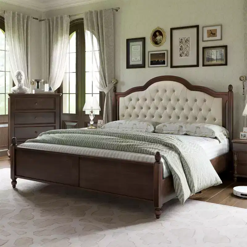 AMERLIFE Solid Wood Bed Frame, Transitional Platform Bed with 52.5 Upholstered Tufted Headboard, Walnut