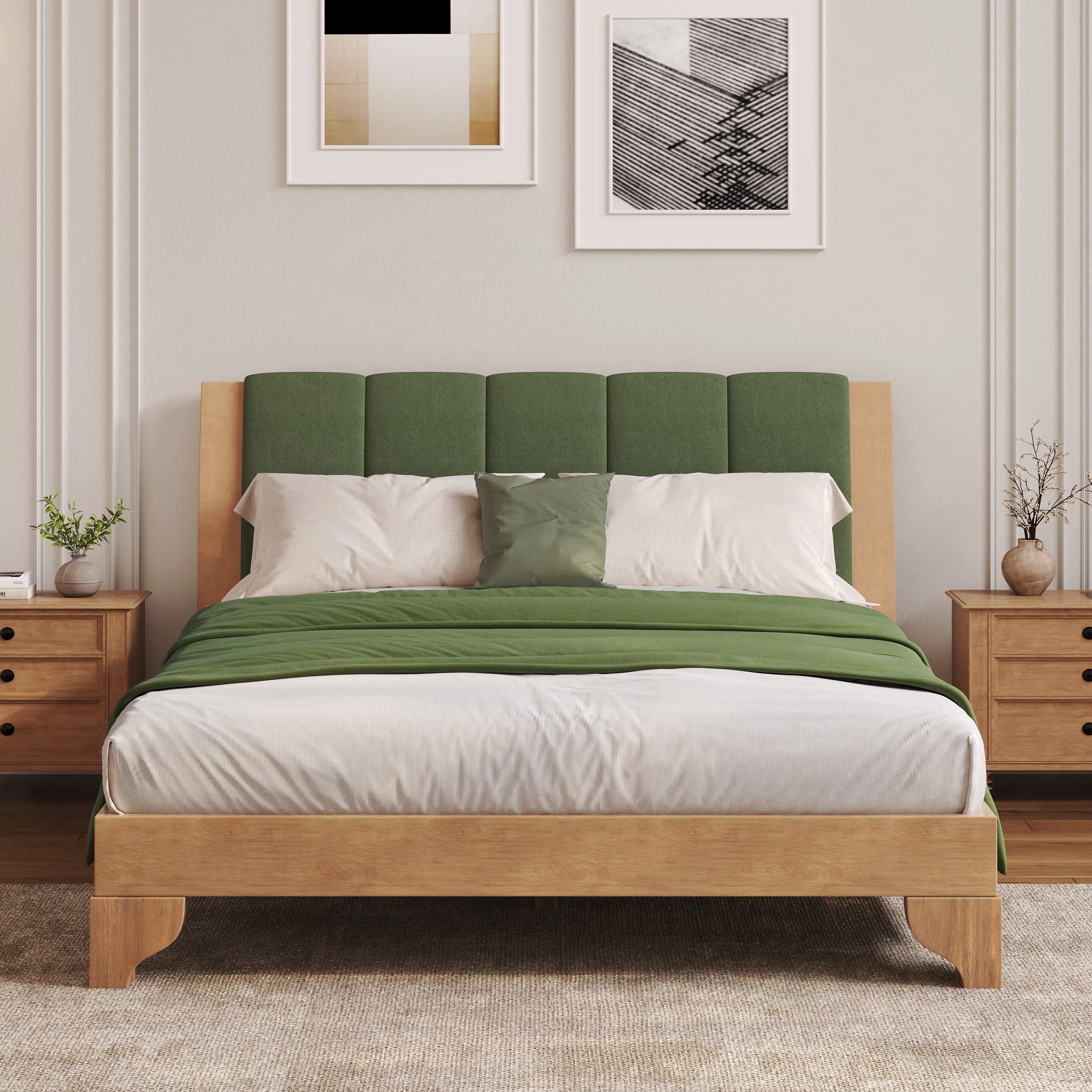 Mid Century Modern Wood and Upholstered Bedframe