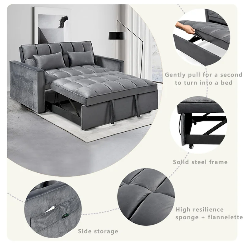Modern Velvet Loveseat Futon Sofa Couch Pullout Bed, Small Love Seat Lounge Sofa w/Reclining Backrest, Toss Pillows, Pockets
