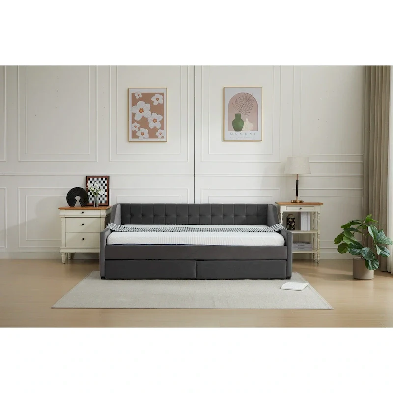 Modern Upholstered Sofa Bed with 2 Drawers and Wooden Frame, Vertical Stripes