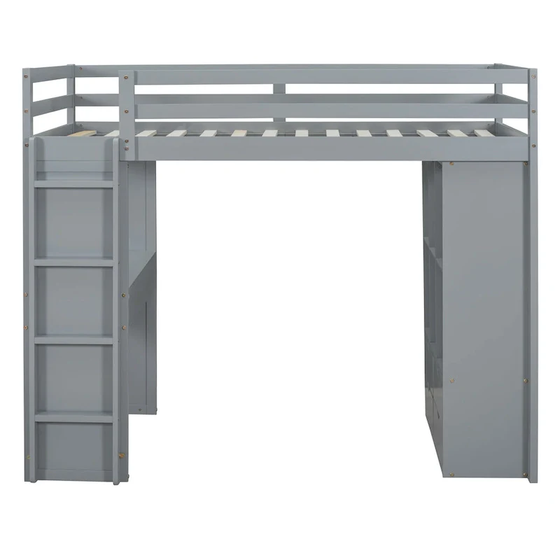 Full Size Loft Bed with large shelves, writing desk and LED Light, Gray
