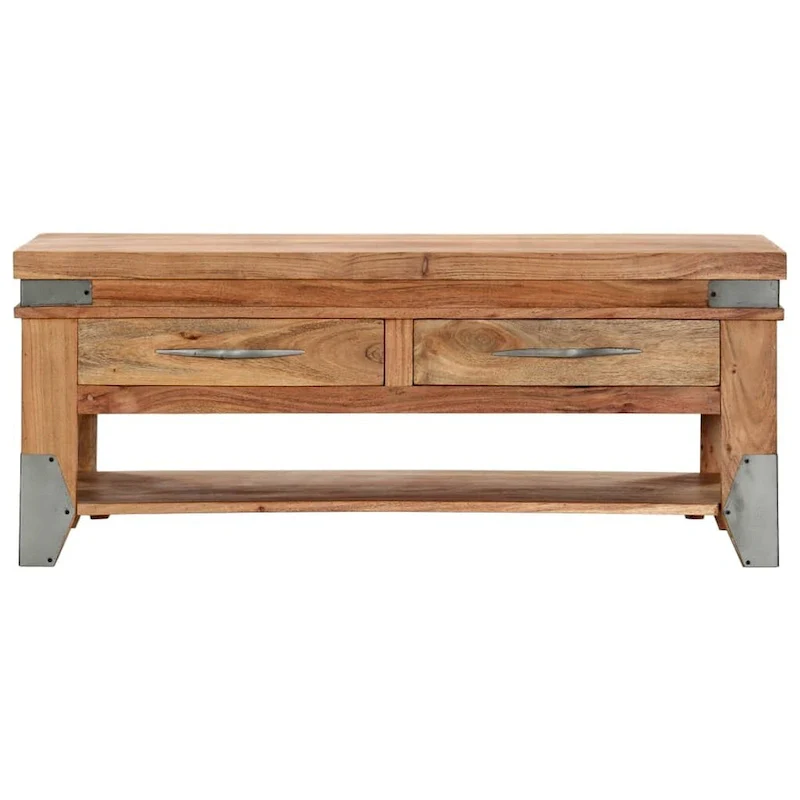 Brown Natural Solid Acacia Wood Coffee Table with 2 Drawers and Open Shelf – 43.3 in