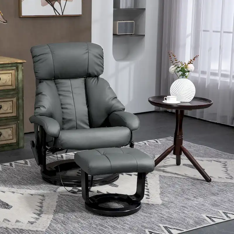 Grey/Blue Massage Recliner Chair with Ottoman, 360° Swivel, PU Leather, 1-Person