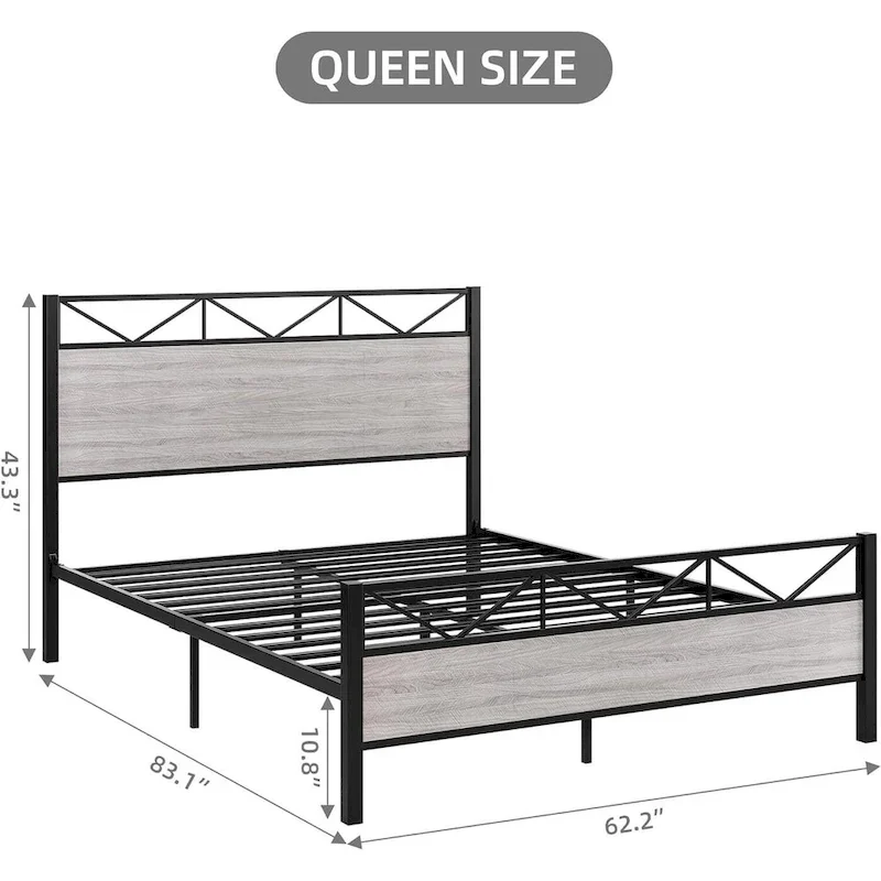 Brown / Light Grey Industrial Platform Bed Frame with Headboard, 1–2 Person, Full / Queen / King