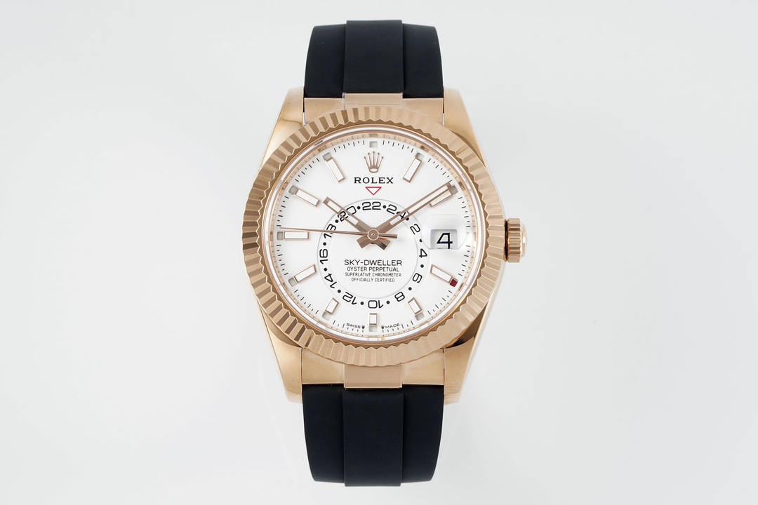 Rolex Sky-Dweller rose gold replica white dial front view
