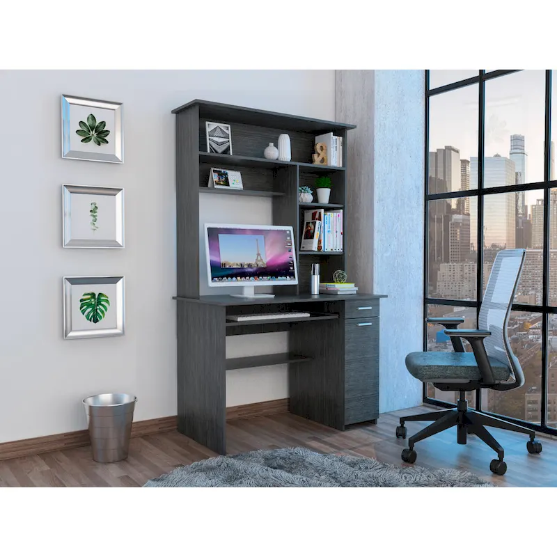 Light Grey / Dark Grey / Black Hutch Desk with Shelves, Keyboard Tray & CPU Panel – 1 Person