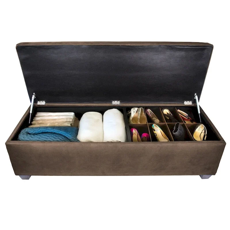 10-Button Tufted Linen Shoe Storage Bench with Hydraulic Lift, Made in USA