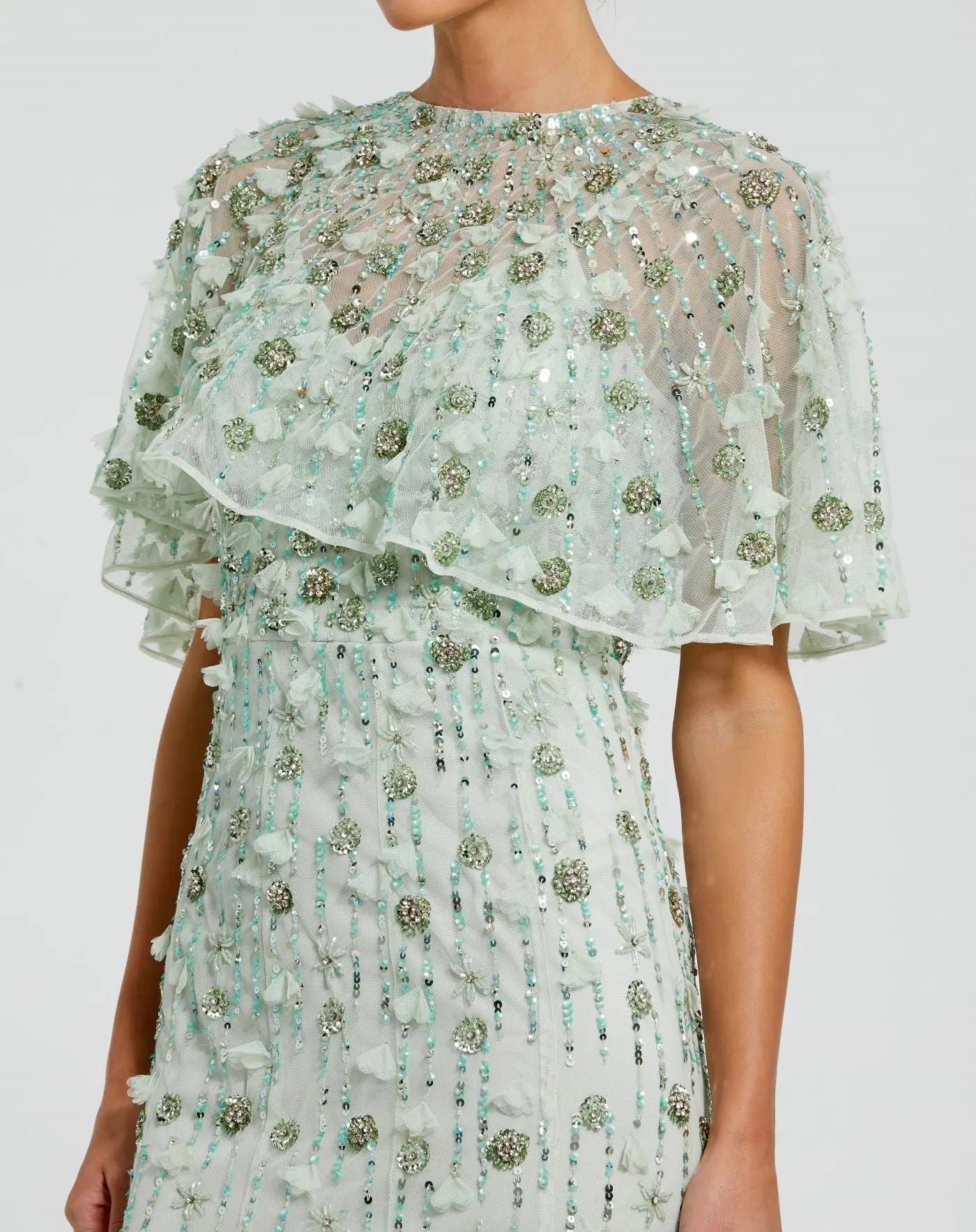 Green Embellished Illusion Cape Sleeve Trumpet Gown