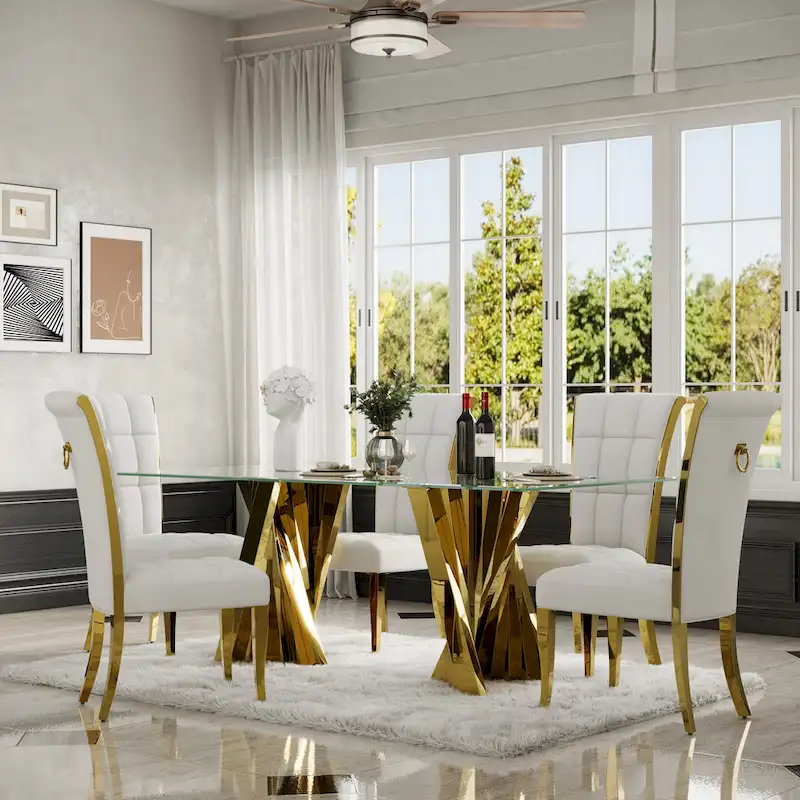 Luxury White Velvet Dining Chairs with Pull Ring on Back and Polished Gold Legs