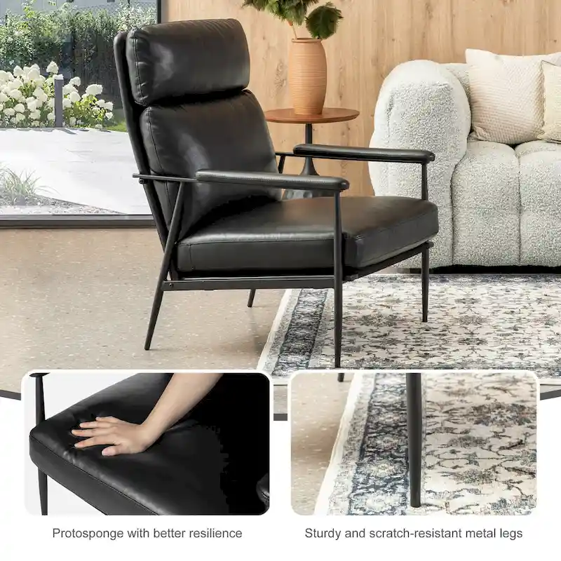 Glitzhome 33.75W Mid-Century Modern Leatherette Armchair With High Back and Padded Arms - 33.75 W x 39.5 H x 28 D