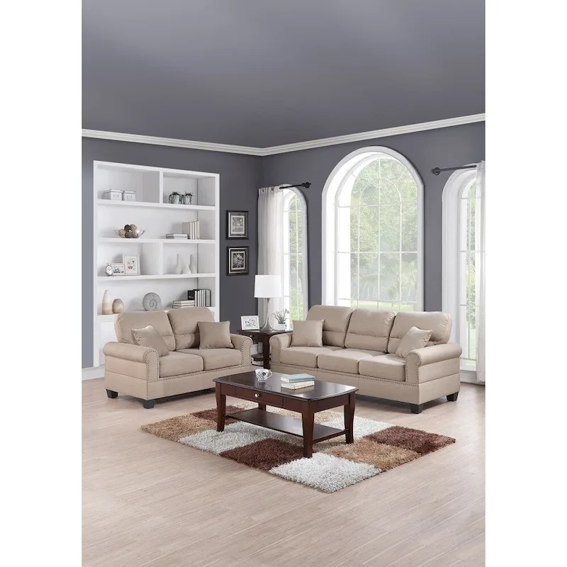 Sand Fabric 2 Pieces Sofa Set With Pillows In Beige