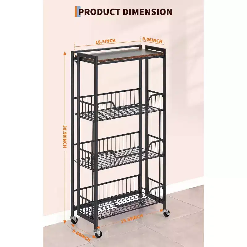 Large 4-Tier Foldable Storage Cart with Lockable Caster - 100Lbs Loading Capacity, Expandable Kitchen Organizer Storage Island