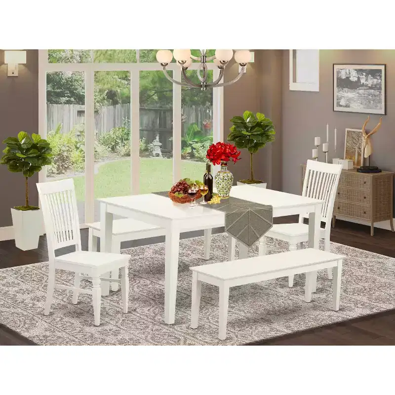 HomeStock 5-Piece Rectangle Linen White Finish Solid Wood Top Dining Table with 2 Benches, 2 Chairs