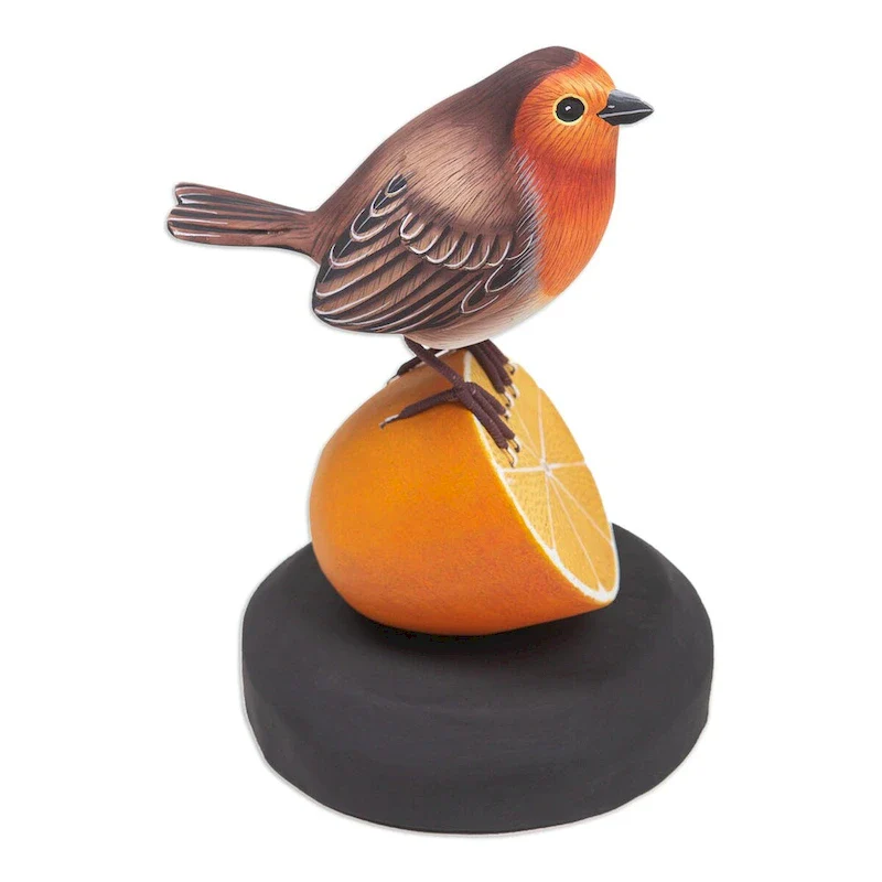 Novica Handmade Robin With Orange Wood Statuette