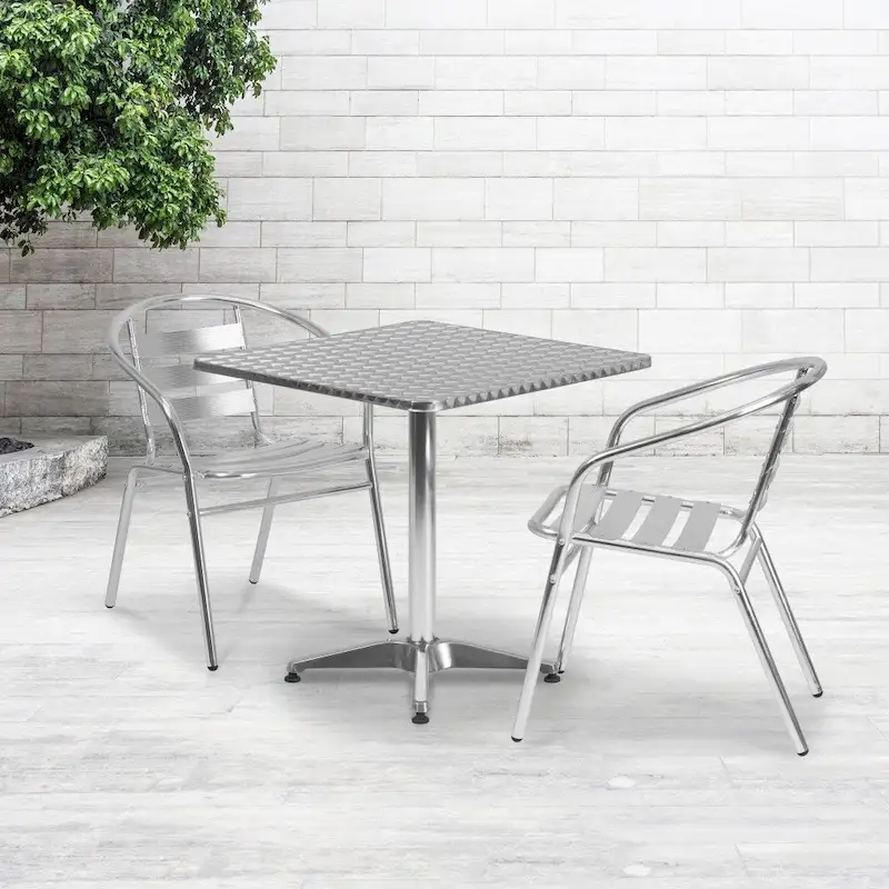 27.5 Square Aluminum Indoor-Outdoor Table Set with 2 Slat Back Chairs