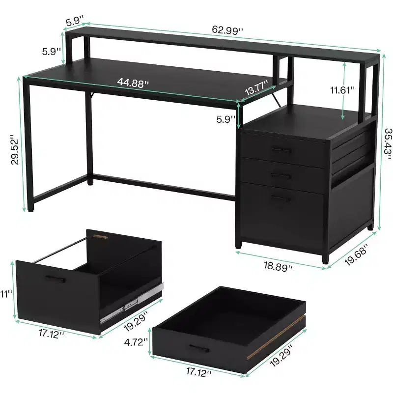 Lantine 63 Inch Industrial Computer Desk: Ergonomic Office Workstation with File Drawer, Monitor Stand, and Printer Space for Home Office.