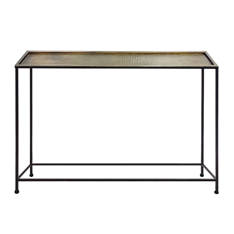 Aurelia 48 Inch Console Sofa Table, Artisanal Hammered Antique Bronze Tray Top, Industrial Black Iron Frame