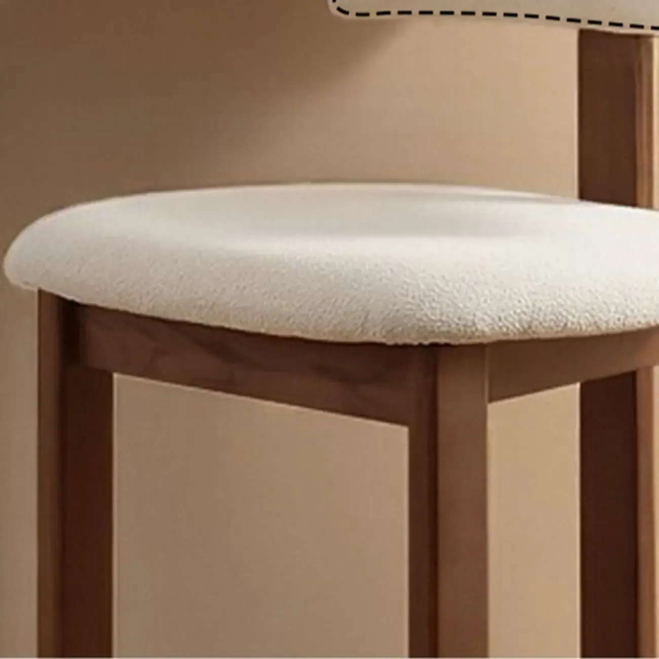 White Boucle Fabric Brown Wood Armless Bar Stools