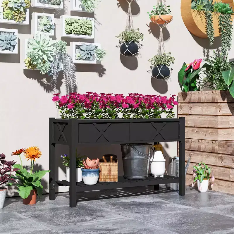 Outsunny Wooden Raised Planter Box, 47 x 22 x 31.5in Raised Flower Bed with Storage Shelf, Drainage Holes and Liner
