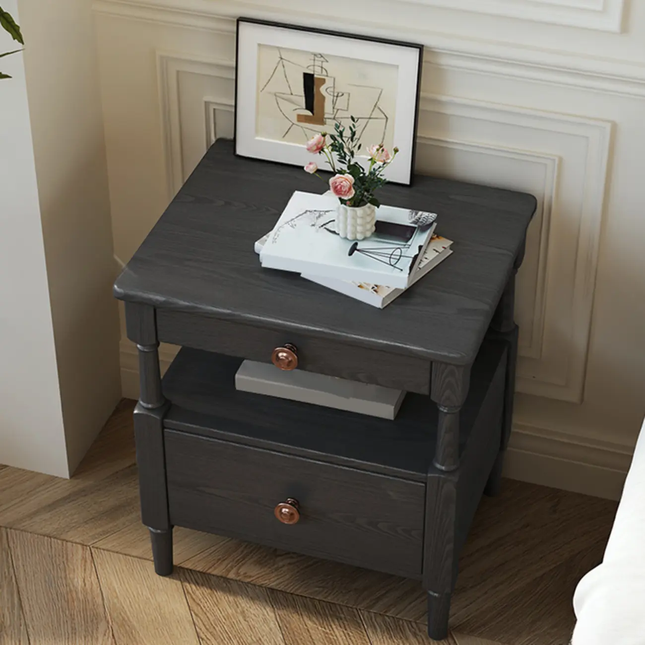 Classic Rectangular 3 Layers Wood Black Nightstand