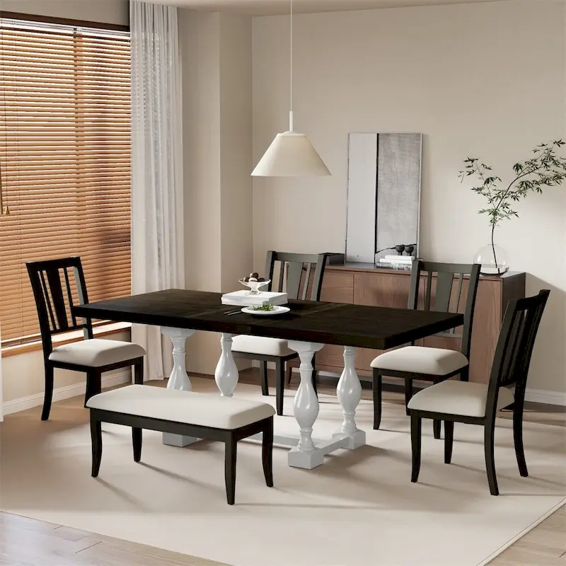 6-Piece 78 Trestle Extendable Dining Table Set w/Dining Chairs &Bench