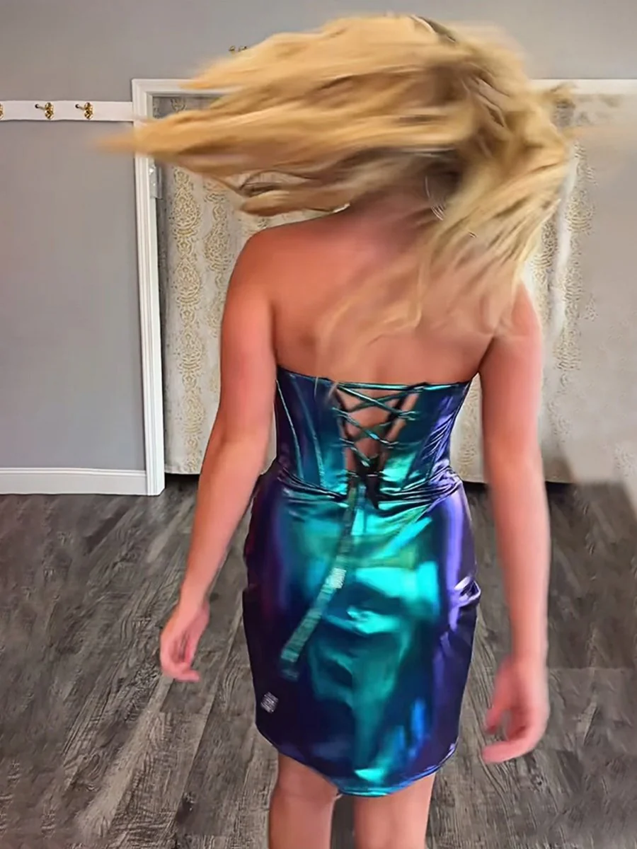 Peacock - Strapless Bodycon Metallic Pleated Homecoming Dresses With Beading