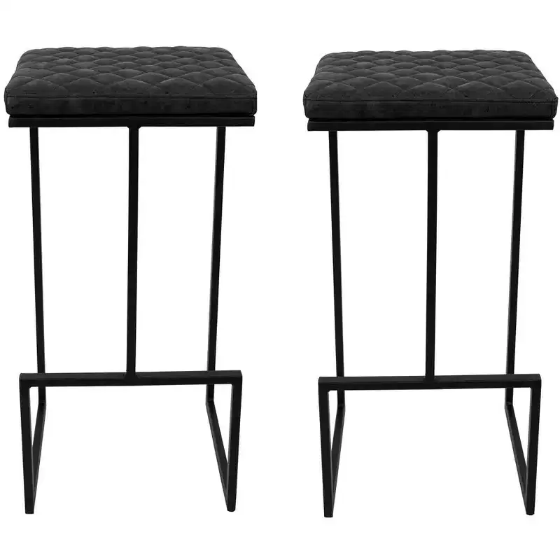LeisureMod Quincy Modern Quilted Leather Bar Stool  Black Metal Frame Counter Height Chair for Kitchen Island and Counter Seating, Set of 2