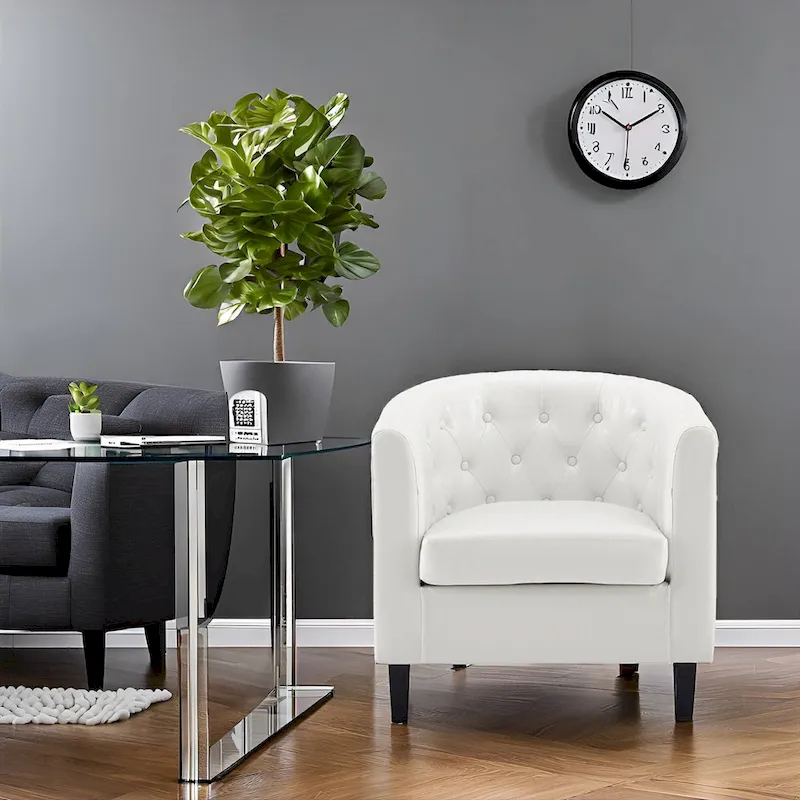 Accent Chair, Button Tufted Faux Leather Barrel Chair, Midcentury Modern Accent Chair, Comfy Armchair, Tub Barrel Chairs